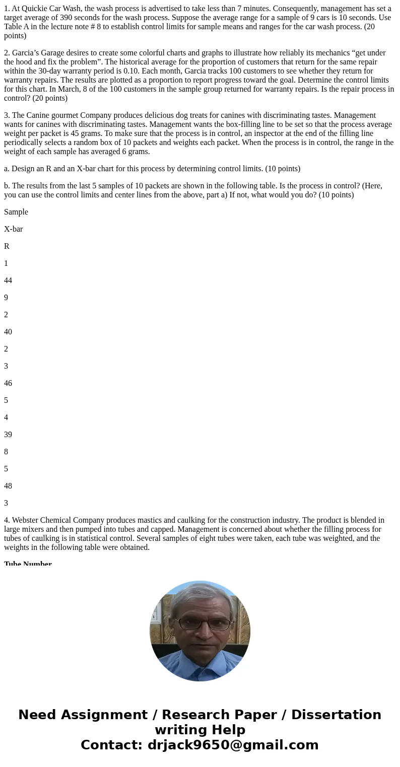 1. At Quickie Car Wash, the wash process is advertised to take less than 7 minutes. Consequently, management has set a target average of 390 seconds for the was