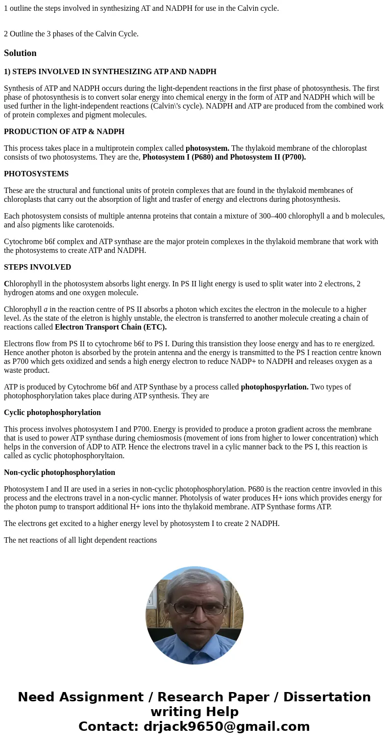 1 outline the steps involved in synthesizing AT and NADPH for use in the Calvin cycle. 2 Outline the 3 phases of the Calvin Cycle.Solution1) STEPS INVOLVED IN S 1 outline the steps involved in synthesizing AT and NADPH for use in the Calvin cycle. 2 Outline the 3 phases of the Calvin Cycle.Solution1) STEPS INVOLVED IN S