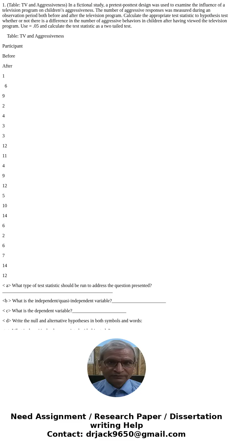 1. (Table: TV and Aggressiveness) In a fictional study, a pretest-posttest design was used to examine the influence of a television program on children\'s aggre 1. (Table: TV and Aggressiveness) In a fictional study, a pretest-posttest design was used to examine the influence of a television program on children\'s aggre