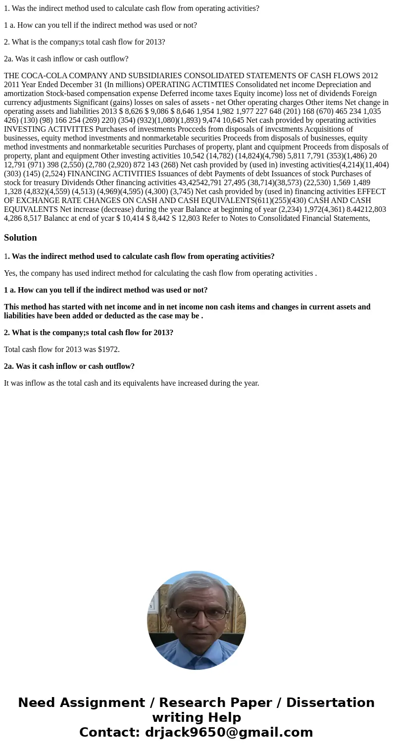 1. Was the indirect method used to calculate cash flow from operating activities? 1 a. How can you tell if the indirect method was used or not? 2. What is the c 1. Was the indirect method used to calculate cash flow from operating activities? 1 a. How can you tell if the indirect method was used or not? 2. What is the c
