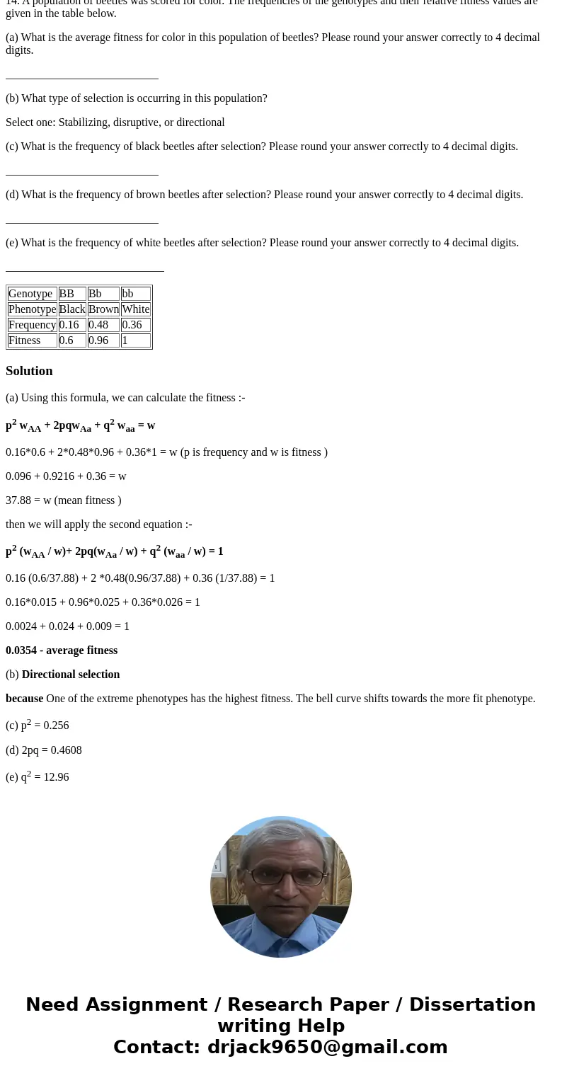 14. A population of beetles was scored for color. The frequencies of the genotypes and their relative fitness values are given in the table below. (a) What is t 14. A population of beetles was scored for color. The frequencies of the genotypes and their relative fitness values are given in the table below. (a) What is t