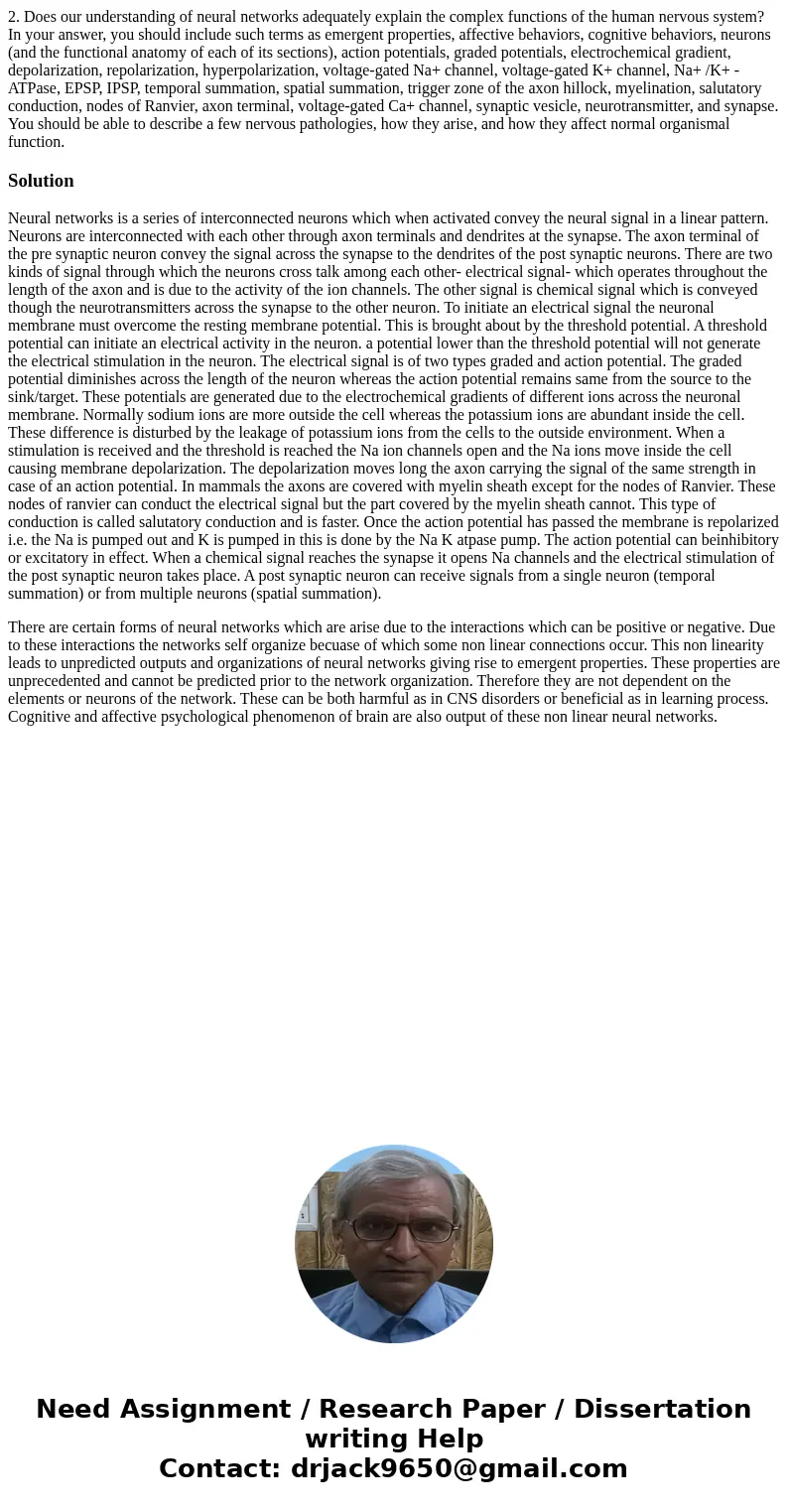 2. Does our understanding of neural networks adequately explain the complex functions of the human nervous system? In your answer, you should include such terms 2. Does our understanding of neural networks adequately explain the complex functions of the human nervous system? In your answer, you should include such terms