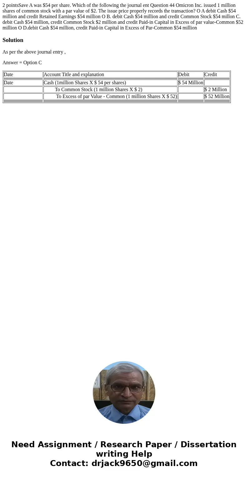  2 pointsSave A was $54 per share. Which of the following the journal ent Question 44 Omicron Inc. issued 1 million shares of common stock with a par value of $