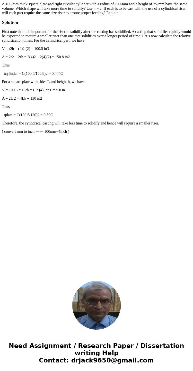 A 100-mm thick square plate and right circular cylinder with a radius of 100-mm and a height of 25-mm have the same volume. Which shape will take more time to s