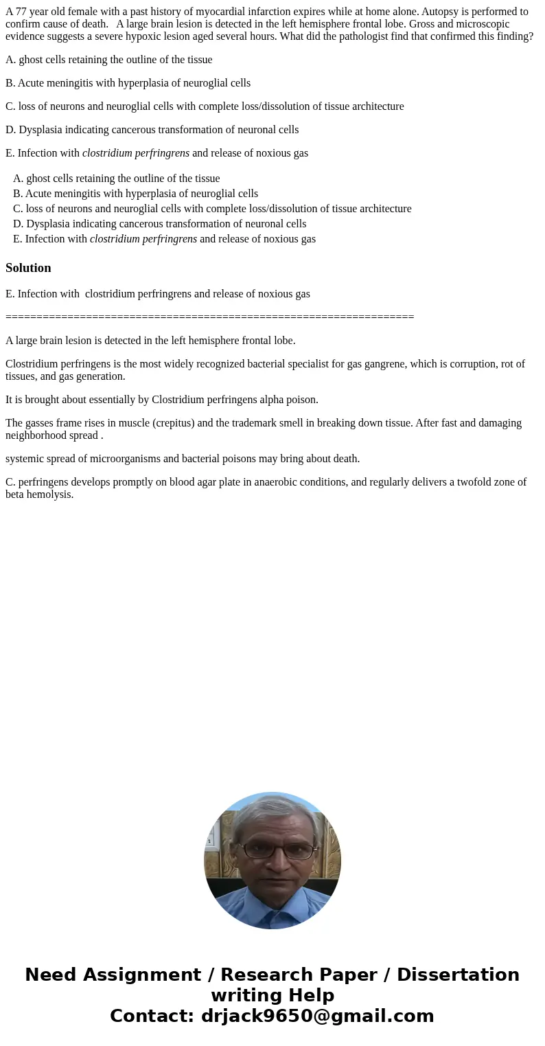 A 77 year old female with a past history of myocardial infarction expires while at home alone. Autopsy is performed to confirm cause of death. A large brain les A 77 year old female with a past history of myocardial infarction expires while at home alone. Autopsy is performed to confirm cause of death. A large brain les