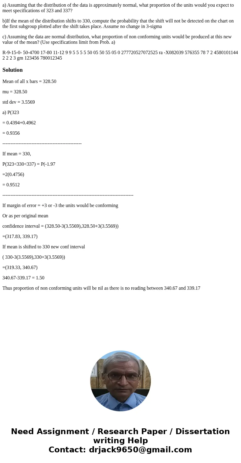 a) Assuming that the distribution of the data is approximately normal, what proportion of the units would you expect to meet specifications of 323 and 337? b)If a) Assuming that the distribution of the data is approximately normal, what proportion of the units would you expect to meet specifications of 323 and 337? b)If