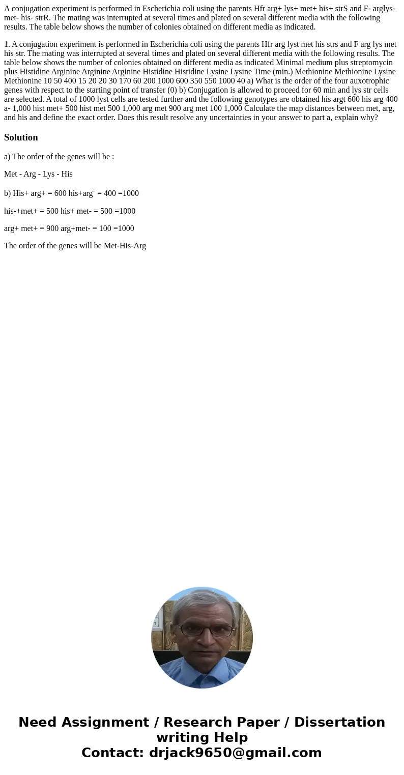 A conjugation experiment is performed in Escherichia coli using the parents Hfr arg+ lys+ met+ his+ strS and F- arglys- met- his- strR. The mating was interrupt A conjugation experiment is performed in Escherichia coli using the parents Hfr arg+ lys+ met+ his+ strS and F- arglys- met- his- strR. The mating was interrupt