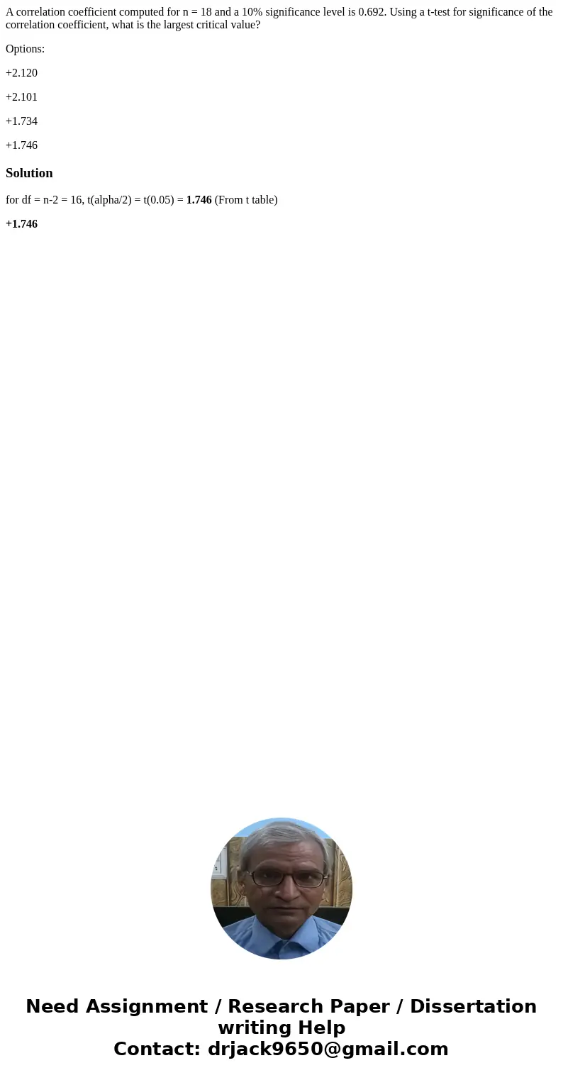 A correlation coefficient computed for n = 18 and a 10% significance level is 0.692. Using a t-test for significance of the correlation coefficient, what is the A correlation coefficient computed for n = 18 and a 10% significance level is 0.692. Using a t-test for significance of the correlation coefficient, what is the