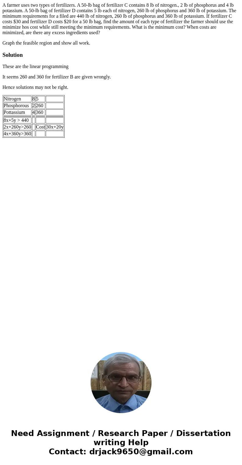 A farmer uses two types of fertilizers. A 50-lb bag of fertilizer C contains 8 lb of nitrogen., 2 lb of phosphorus and 4 lb potassium. A 50-lb bag of fertilizer A farmer uses two types of fertilizers. A 50-lb bag of fertilizer C contains 8 lb of nitrogen., 2 lb of phosphorus and 4 lb potassium. A 50-lb bag of fertilizer