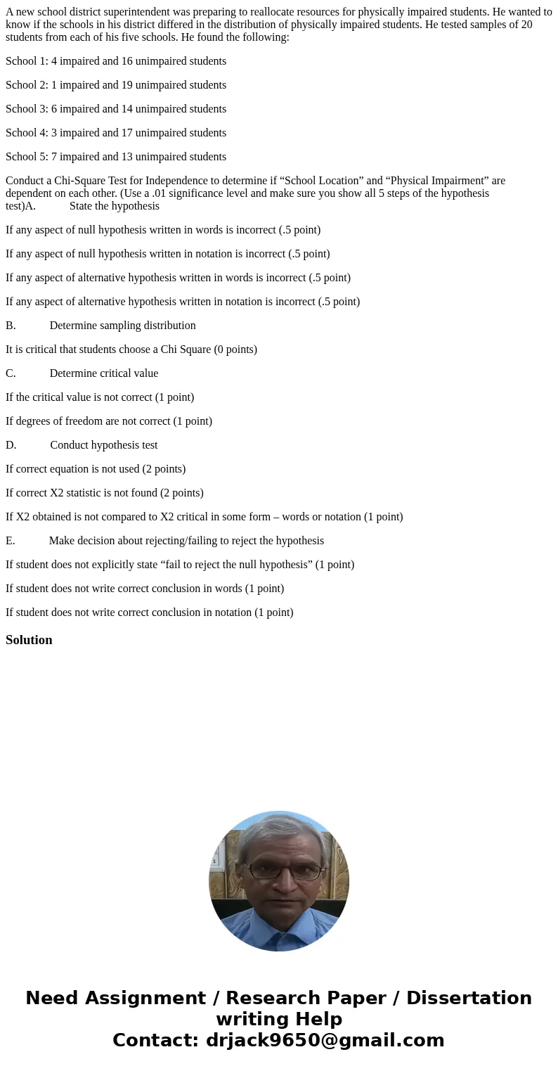 A new school district superintendent was preparing to reallocate resources for physically impaired students. He wanted to know if the schools in his district di A new school district superintendent was preparing to reallocate resources for physically impaired students. He wanted to know if the schools in his district di