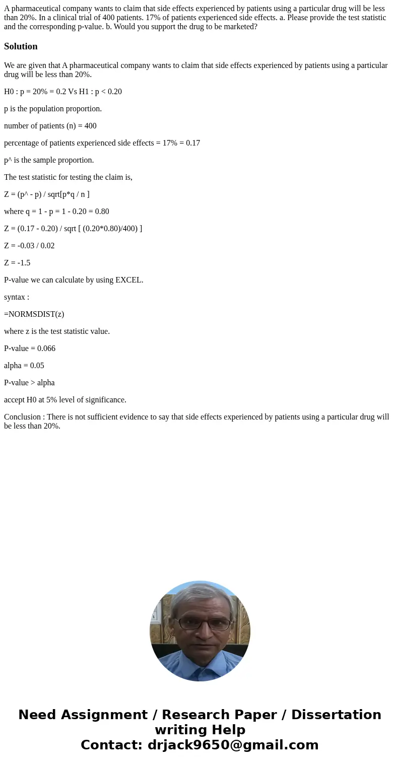 A pharmaceutical company wants to claim that side effects experienced by patients using a particular drug will be less than 20%. In a clinical trial of 400 pati A pharmaceutical company wants to claim that side effects experienced by patients using a particular drug will be less than 20%. In a clinical trial of 400 pati
