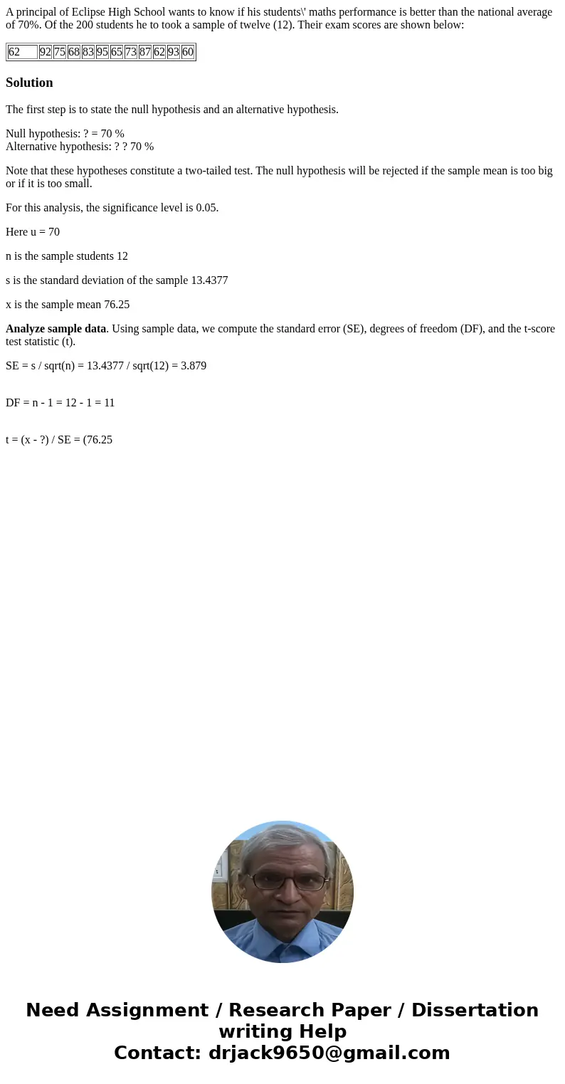 A principal of Eclipse High School wants to know if his students\' maths performance is better than the national average of 70%. Of the 200 students he to took  A principal of Eclipse High School wants to know if his students\' maths performance is better than the national average of 70%. Of the 200 students he to took