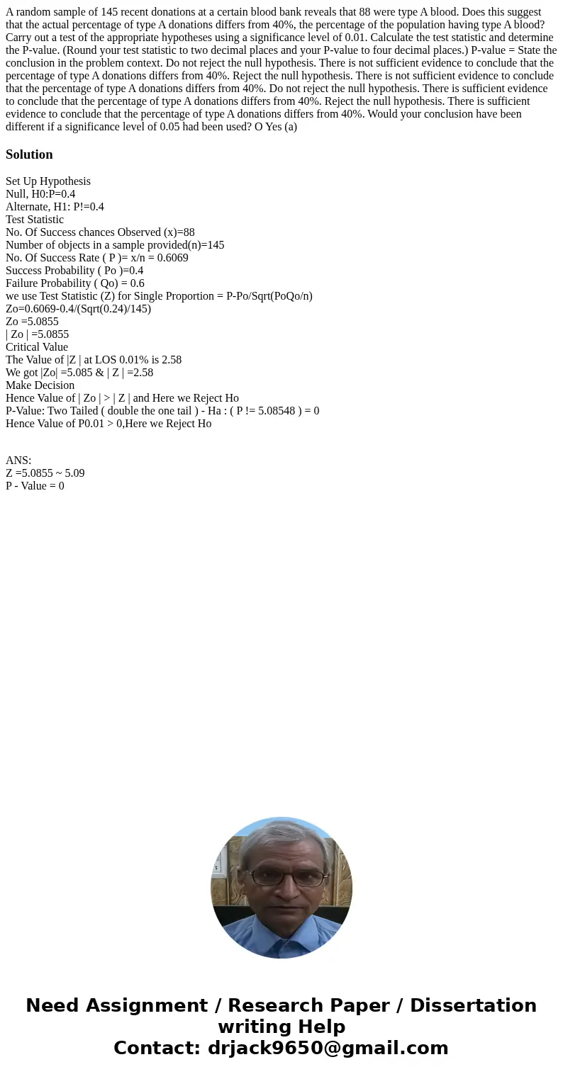 A random sample of 145 recent donations at a certain blood bank reveals that 88 were type A blood. Does this suggest that the actual percentage of type A donat  A random sample of 145 recent donations at a certain blood bank reveals that 88 were type A blood. Does this suggest that the actual percentage of type A donat