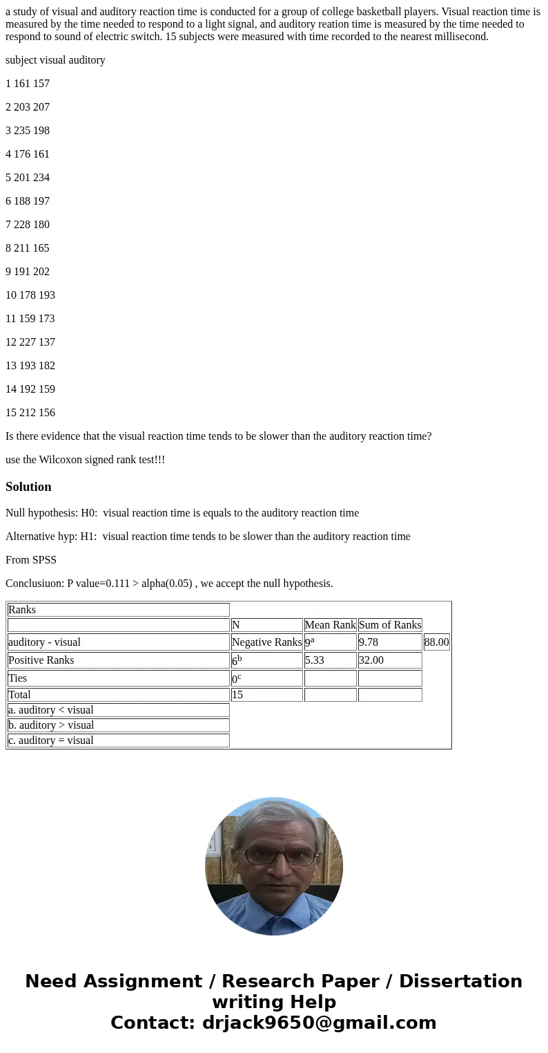 a study of visual and auditory reaction time is conducted for a group of college basketball players. Visual reaction time is measured by the time needed to resp