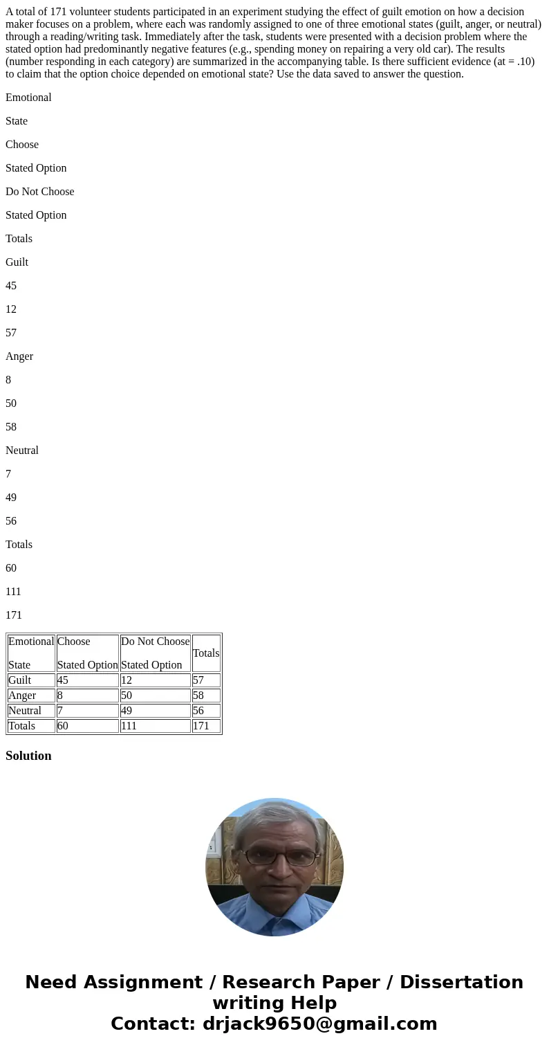 A total of 171 volunteer students participated in an experiment studying the effect of guilt emotion on how a decision maker focuses on a problem, where each wa A total of 171 volunteer students participated in an experiment studying the effect of guilt emotion on how a decision maker focuses on a problem, where each wa
