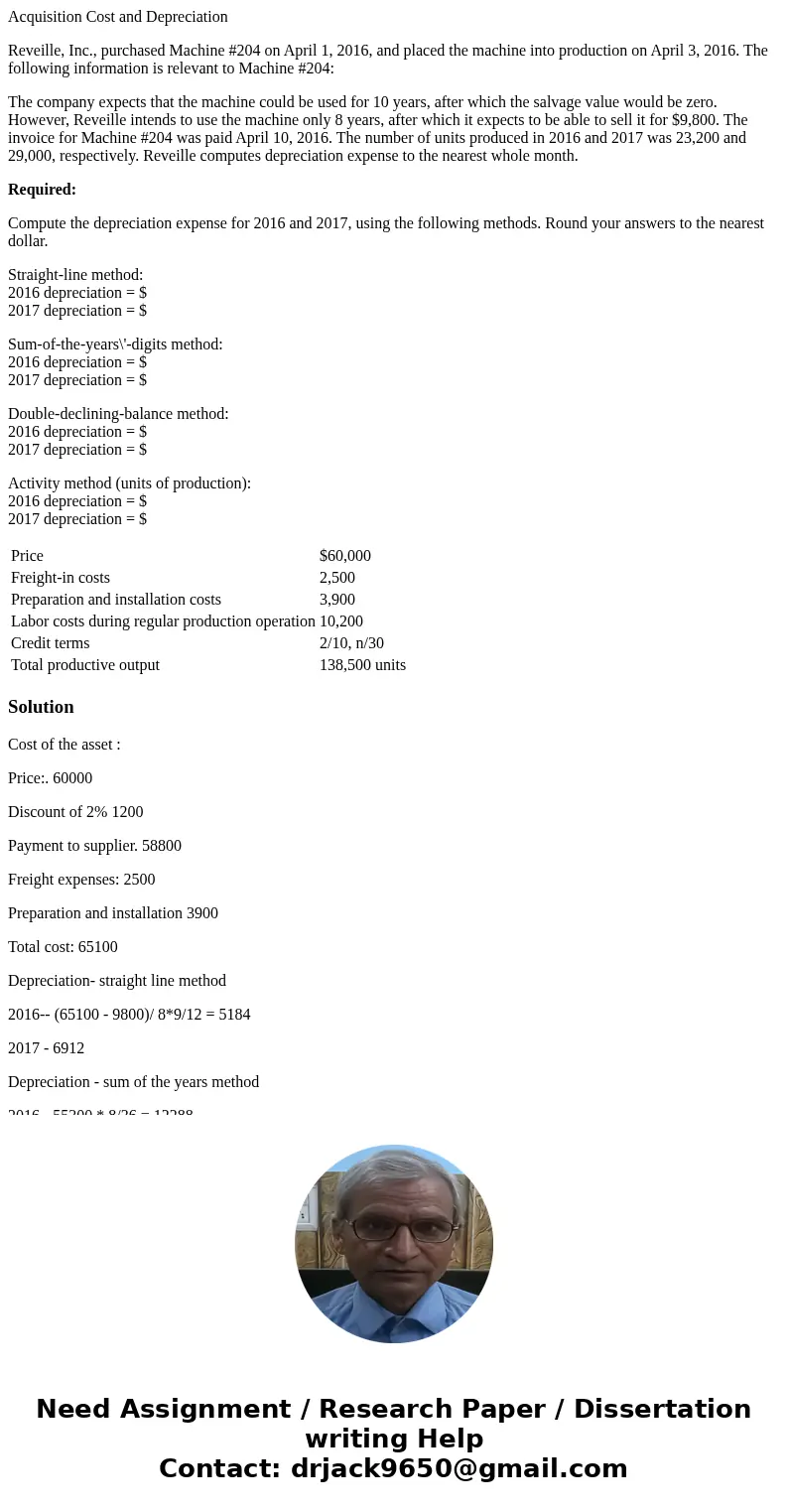 Acquisition Cost and Depreciation Reveille, Inc., purchased Machine #204 on April 1, 2016, and placed the machine into production on April 3, 2016. The followin Acquisition Cost and Depreciation Reveille, Inc., purchased Machine #204 on April 1, 2016, and placed the machine into production on April 3, 2016. The followin