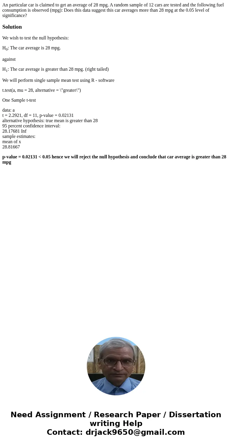 An particular car is claimed to get an average of 28 mpg. A random sample of 12 cars are tested and the following fuel consumption is observed (mpg): Does this  An particular car is claimed to get an average of 28 mpg. A random sample of 12 cars are tested and the following fuel consumption is observed (mpg): Does this