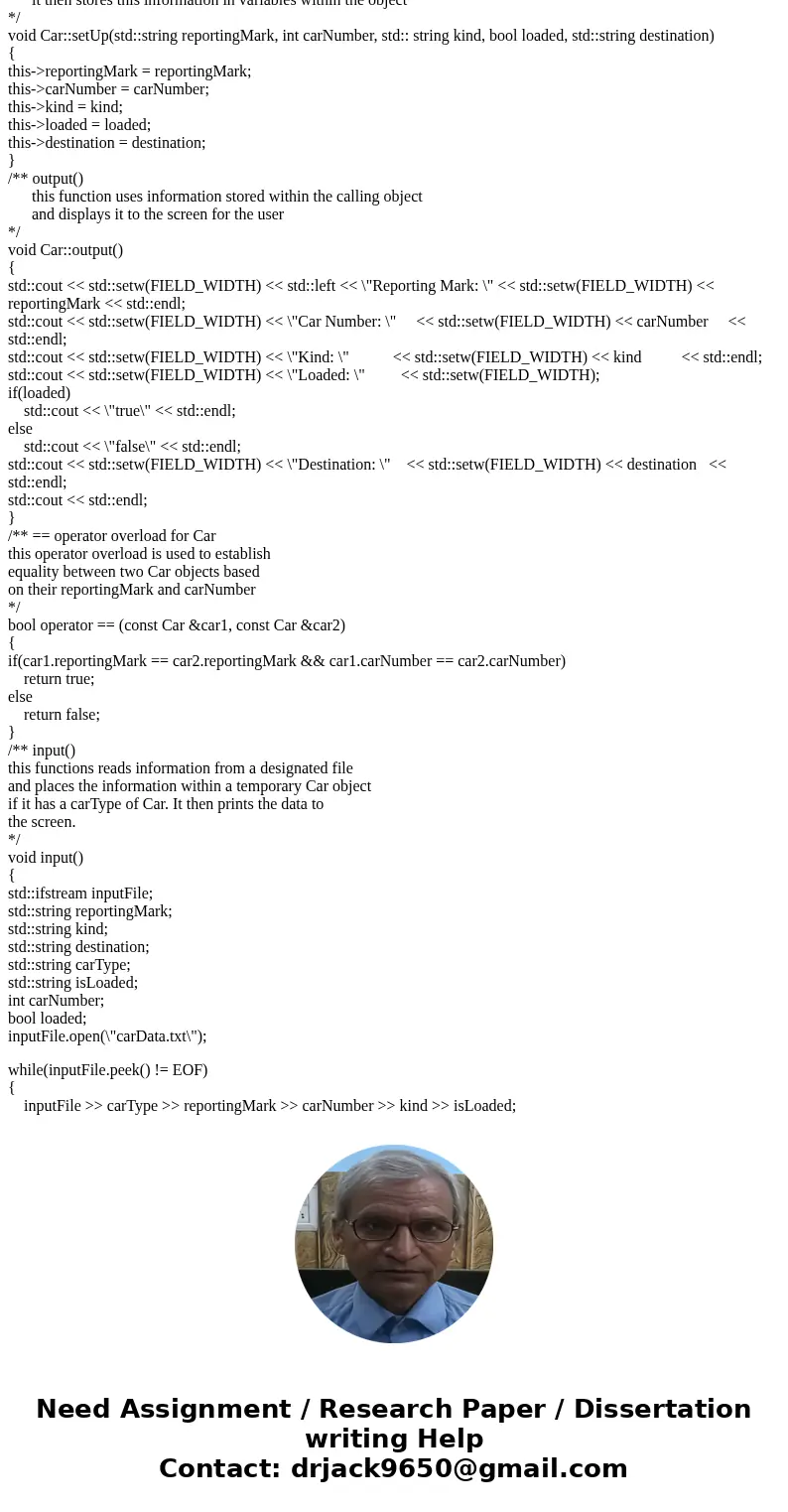 Assignment D In Problem D1 we will use a file to contain the data which we will read into the program. In Problem D2 we will build a StringOfCar class which wi  Assignment D In Problem D1 we will use a file to contain the data which we will read into the program. In Problem D2 we will build a StringOfCar class which wi