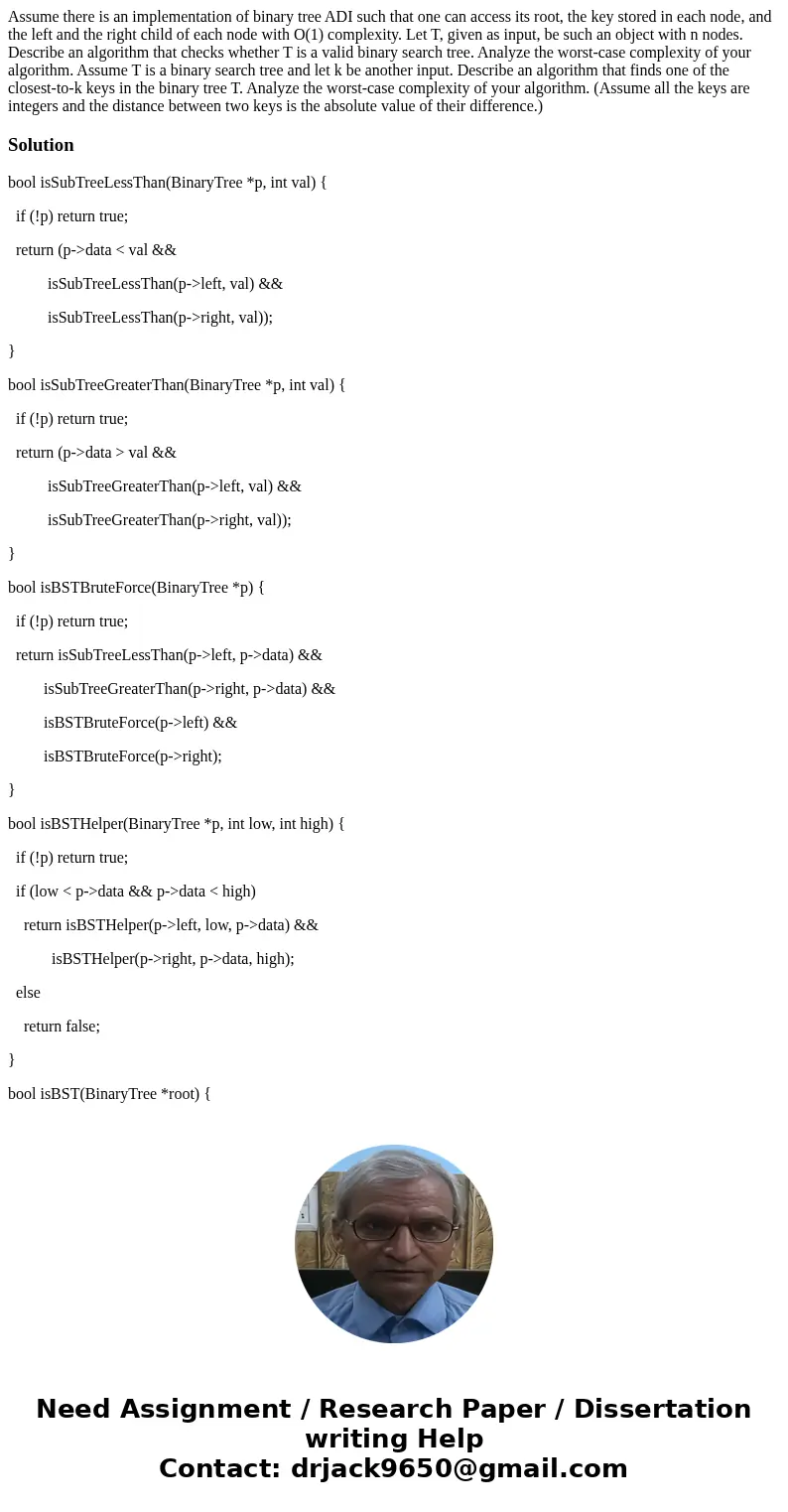  Assume there is an implementation of binary tree ADI such that one can access its root, the key stored in each node, and the left and the right child of each n