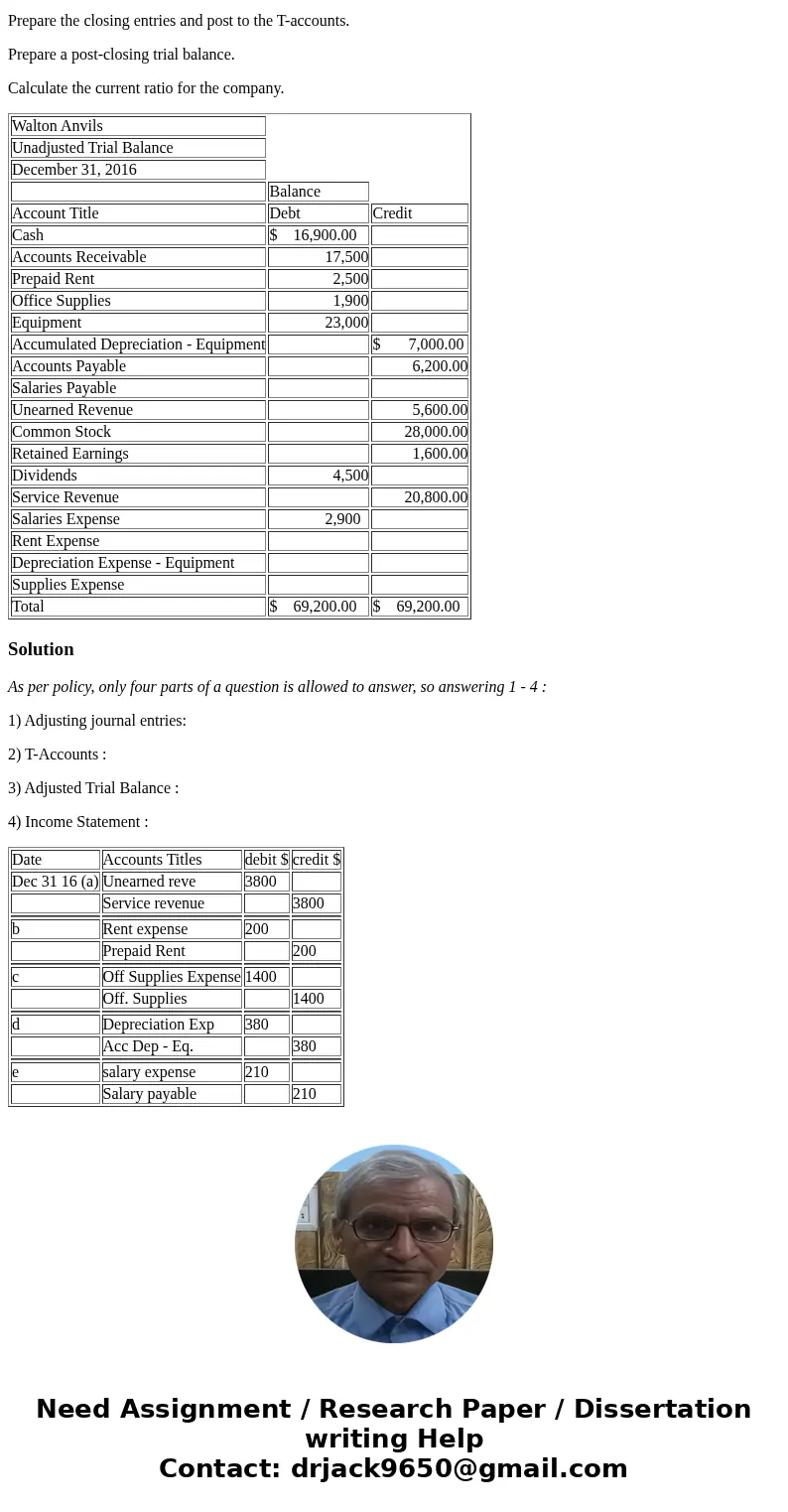 Below is the unadjusted trial balance for Walton Anvils as of December 31, 2016, and the data for the adjustments. There is also an Excel Template for this prob