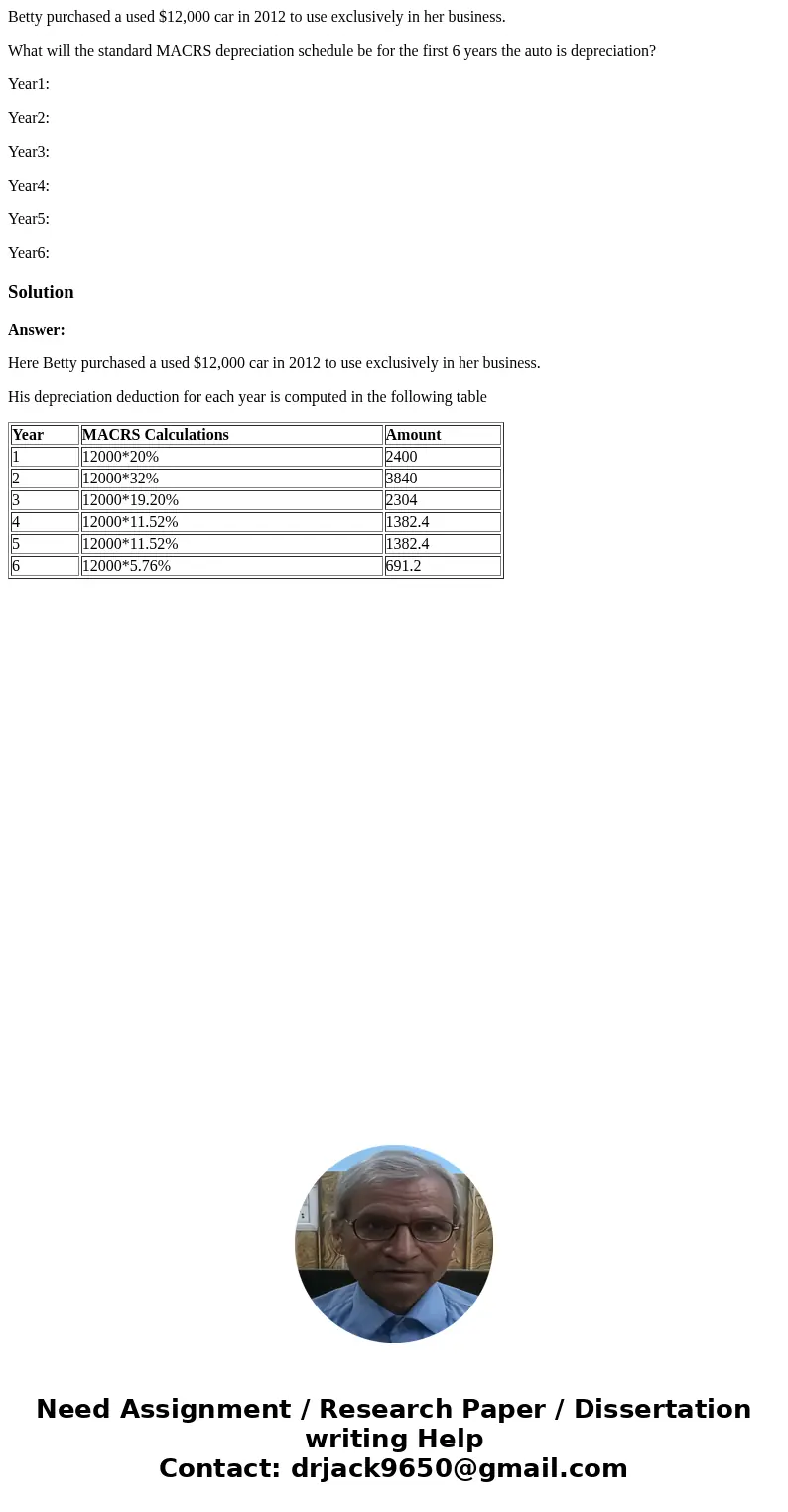 Betty purchased a used $12,000 car in 2012 to use exclusively in her business. What will the standard MACRS depreciation schedule be for the first 6 years the a Betty purchased a used $12,000 car in 2012 to use exclusively in her business. What will the standard MACRS depreciation schedule be for the first 6 years the a