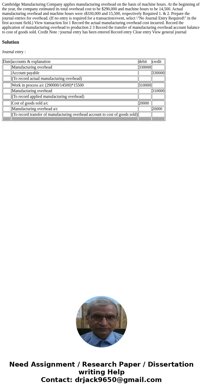 Cambridge Manufacturing Company applies manufacturing overhead on the basis of machine hours. At the beginning of the year, the company estimated its total ove  Cambridge Manufacturing Company applies manufacturing overhead on the basis of machine hours. At the beginning of the year, the company estimated its total ove