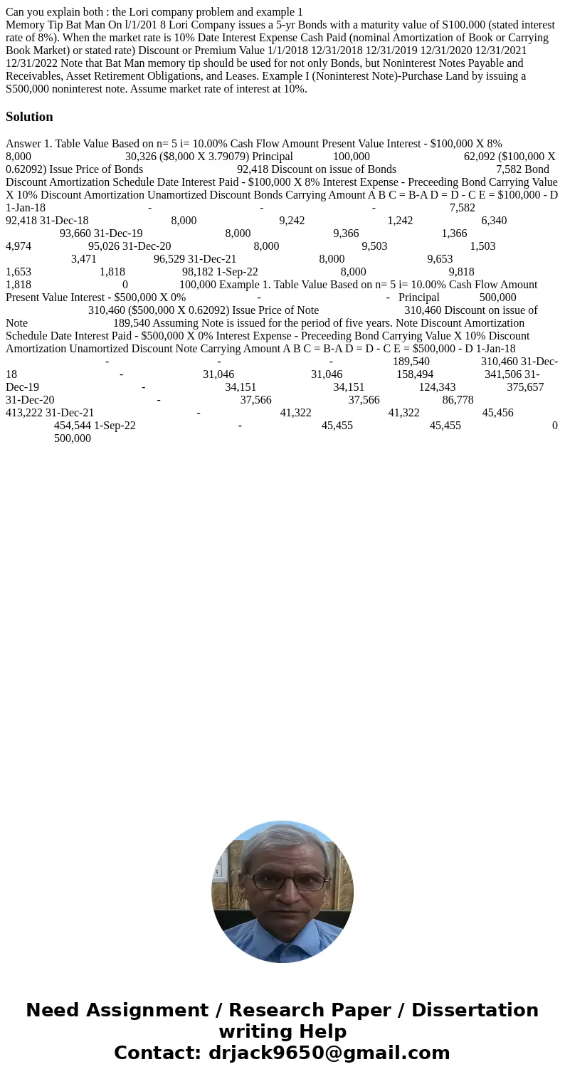 Can you explain both : the Lori company problem and example 1 Memory Tip Bat Man On l/1/201 8 Lori Company issues a 5-yr Bonds with a maturity value of S100.000 Can you explain both : the Lori company problem and example 1 Memory Tip Bat Man On l/1/201 8 Lori Company issues a 5-yr Bonds with a maturity value of S100.000