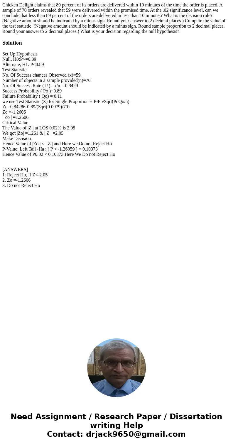  Chicken Delight claims that 89 percent of its orders are delivered within 10 minutes of the time the order is placed. A sample of 70 orders revealed that 59 we