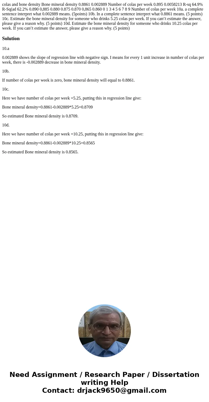 colas and bone density Bone mineral density 0.8861 0.002889 Number of colas per week 0.895 0.0058213 R-sq 64.9% R-Sq(ad 62.2% 0.890 0,885 0.880 0.875 0.870 0,8  colas and bone density Bone mineral density 0.8861 0.002889 Number of colas per week 0.895 0.0058213 R-sq 64.9% R-Sq(ad 62.2% 0.890 0,885 0.880 0.875 0.870 0,8