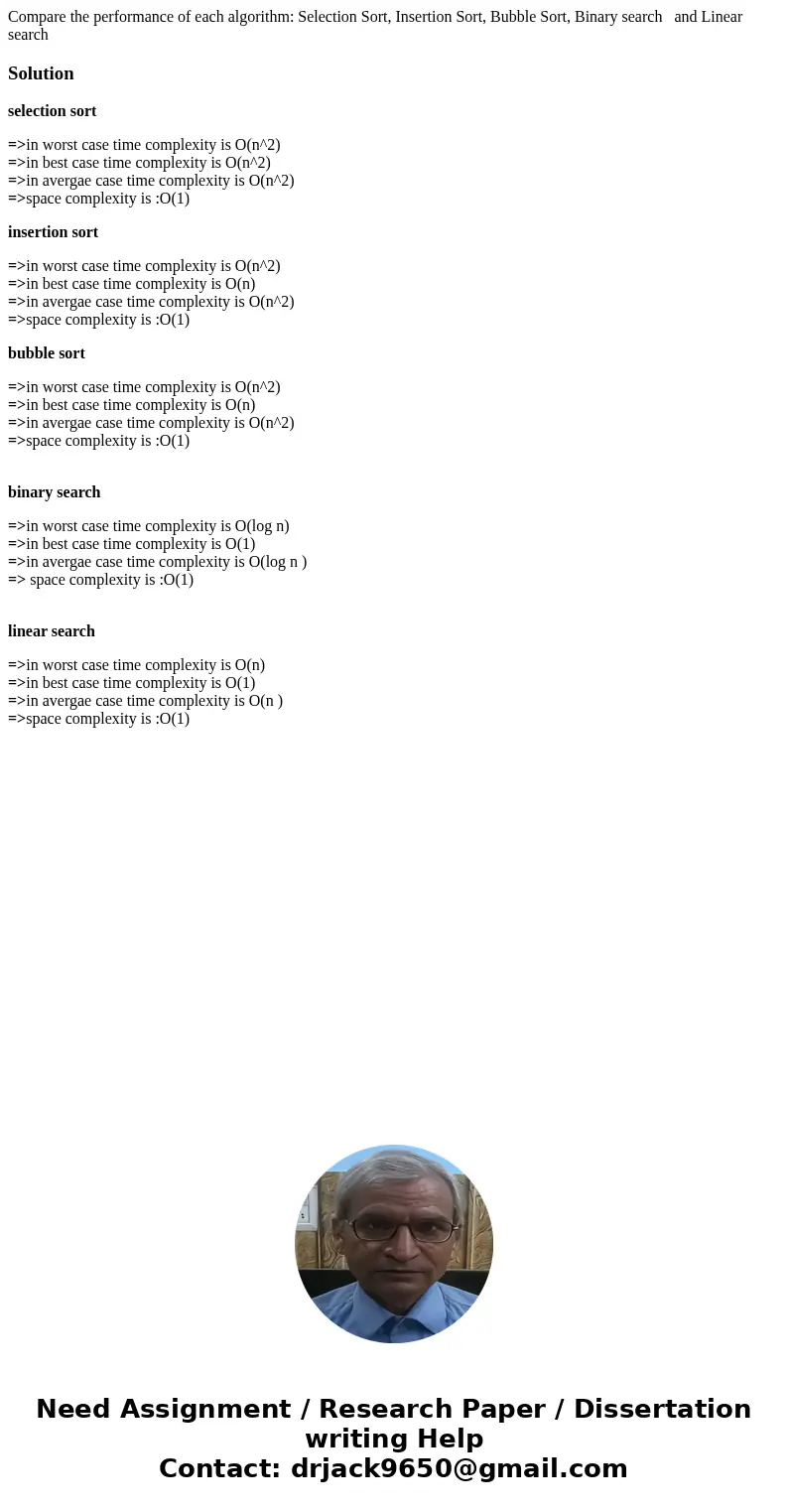 Compare the performance of each algorithm: Selection Sort, Insertion Sort, Bubble Sort, Binary search and Linear searchSolutionselection sort =>in worst case Compare the performance of each algorithm: Selection Sort, Insertion Sort, Bubble Sort, Binary search and Linear searchSolutionselection sort =>in worst case