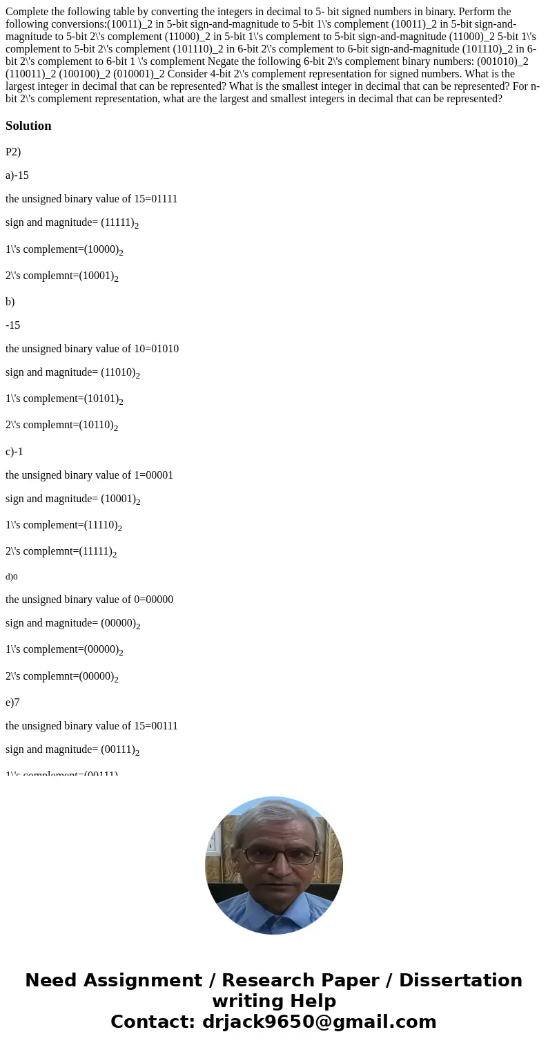  Complete the following table by converting the integers in decimal to 5- bit signed numbers in binary. Perform the following conversions:(10011)_2 in 5-bit sig