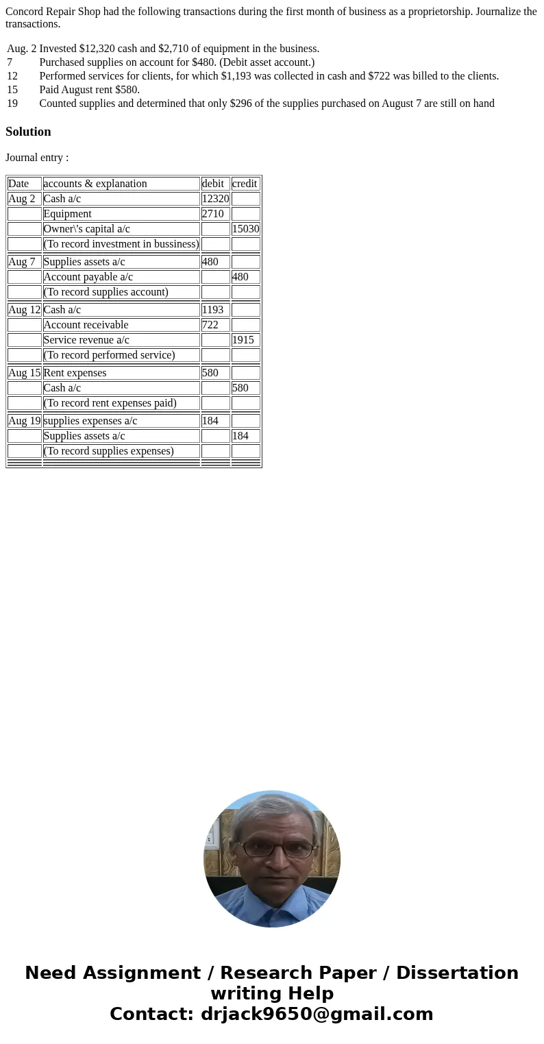 Concord Repair Shop had the following transactions during the first month of business as a proprietorship. Journalize the transactions. Aug. 2 Invested $12,320  Concord Repair Shop had the following transactions during the first month of business as a proprietorship. Journalize the transactions. Aug. 2 Invested $12,320