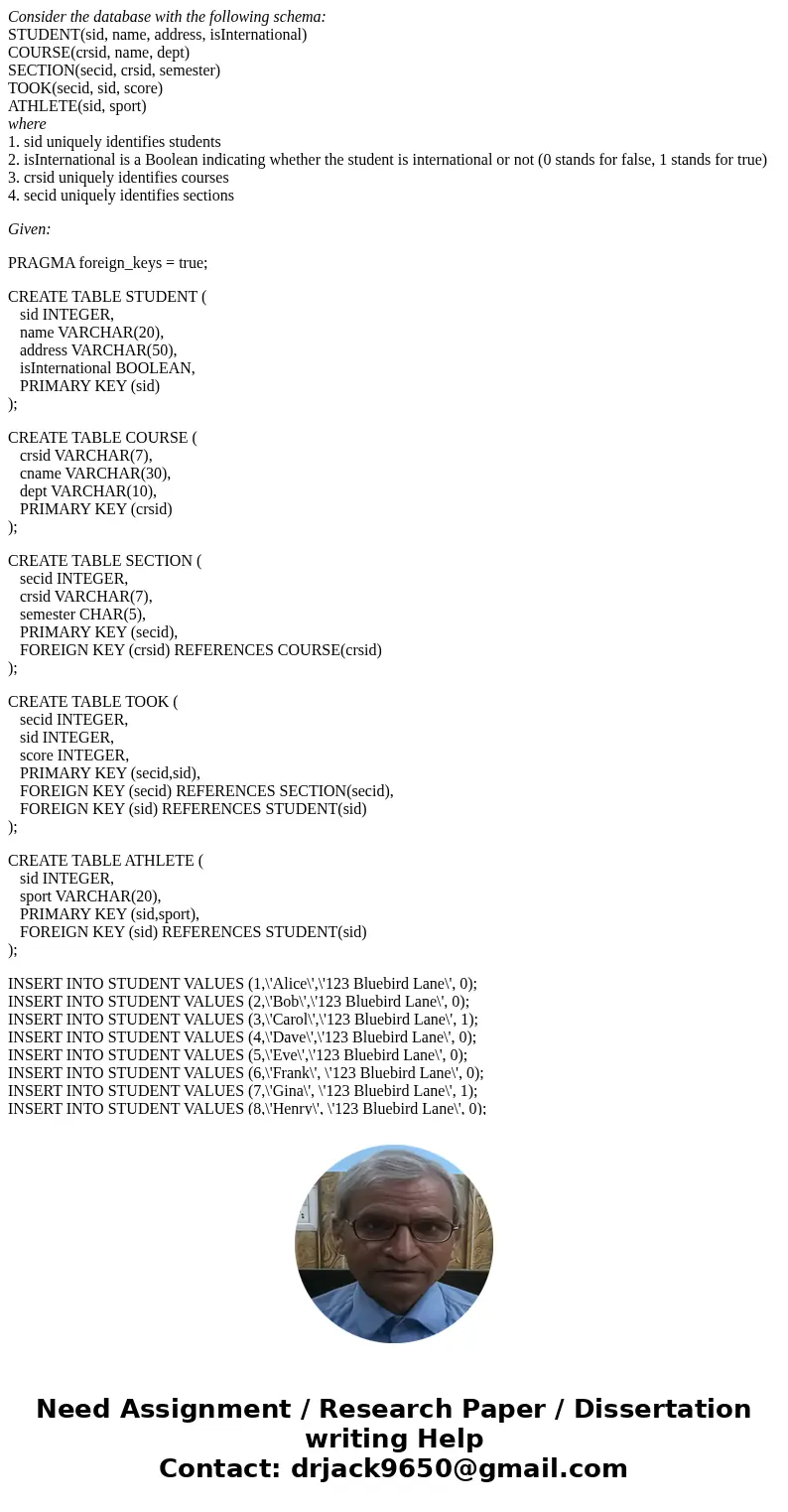 Consider the database with the following schema: STUDENT(sid, name, address, isInternational) COURSE(crsid, name, dept) SECTION(secid, crsid, semester) TOOK(sec
