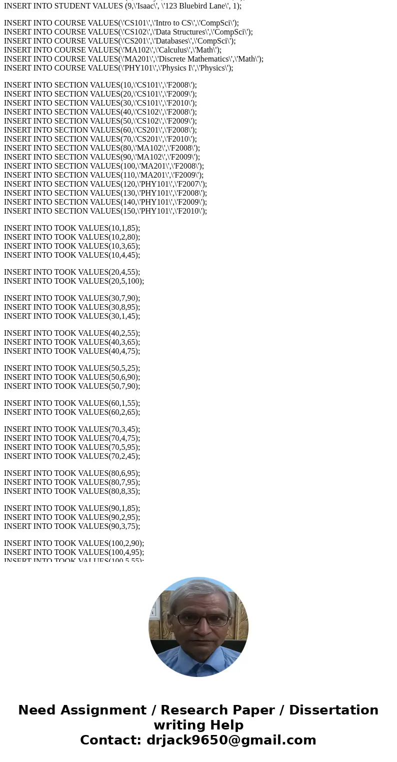 Consider the database with the following schema: STUDENT(sid, name, address, isInternational) COURSE(crsid, name, dept) SECTION(secid, crsid, semester) TOOK(sec
