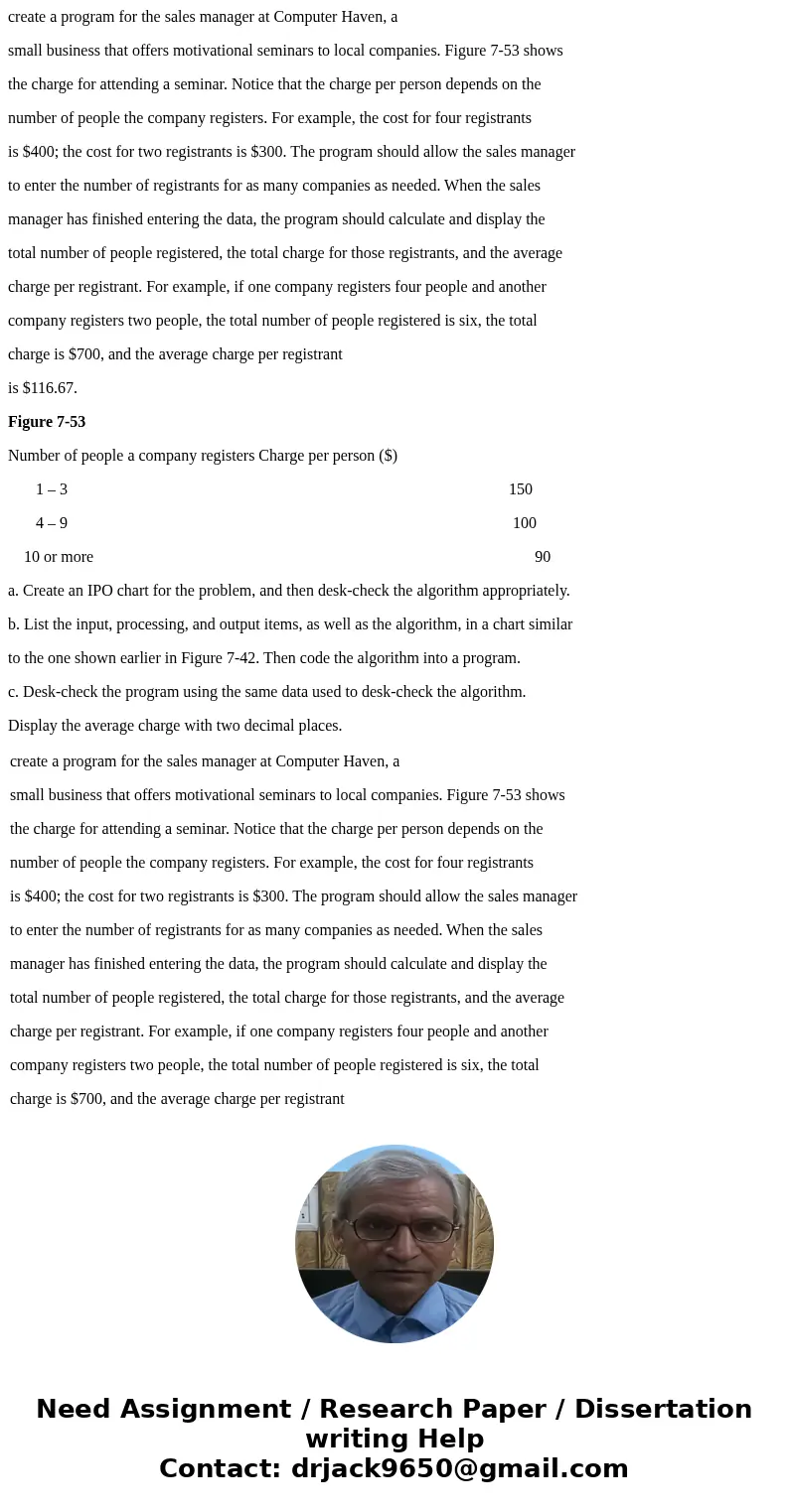 create a program for the sales manager at Computer Haven, a small business that offers motivational seminars to local companies. Figure 7-53 shows the charge fo create a program for the sales manager at Computer Haven, a small business that offers motivational seminars to local companies. Figure 7-53 shows the charge fo