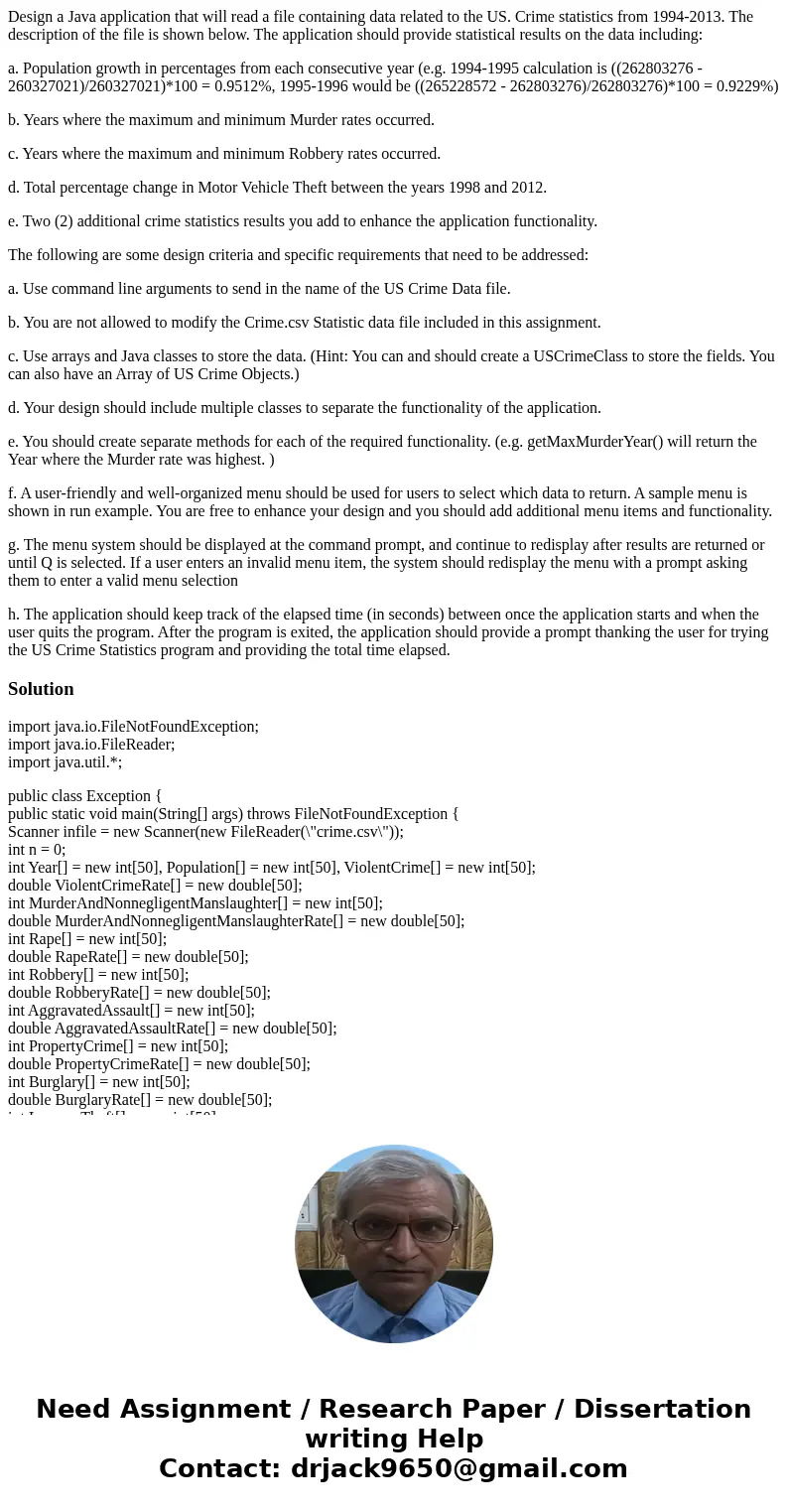 Design a Java application that will read a file containing data related to the US. Crime statistics from 1994-2013. The description of the file is shown below.  Design a Java application that will read a file containing data related to the US. Crime statistics from 1994-2013. The description of the file is shown below.