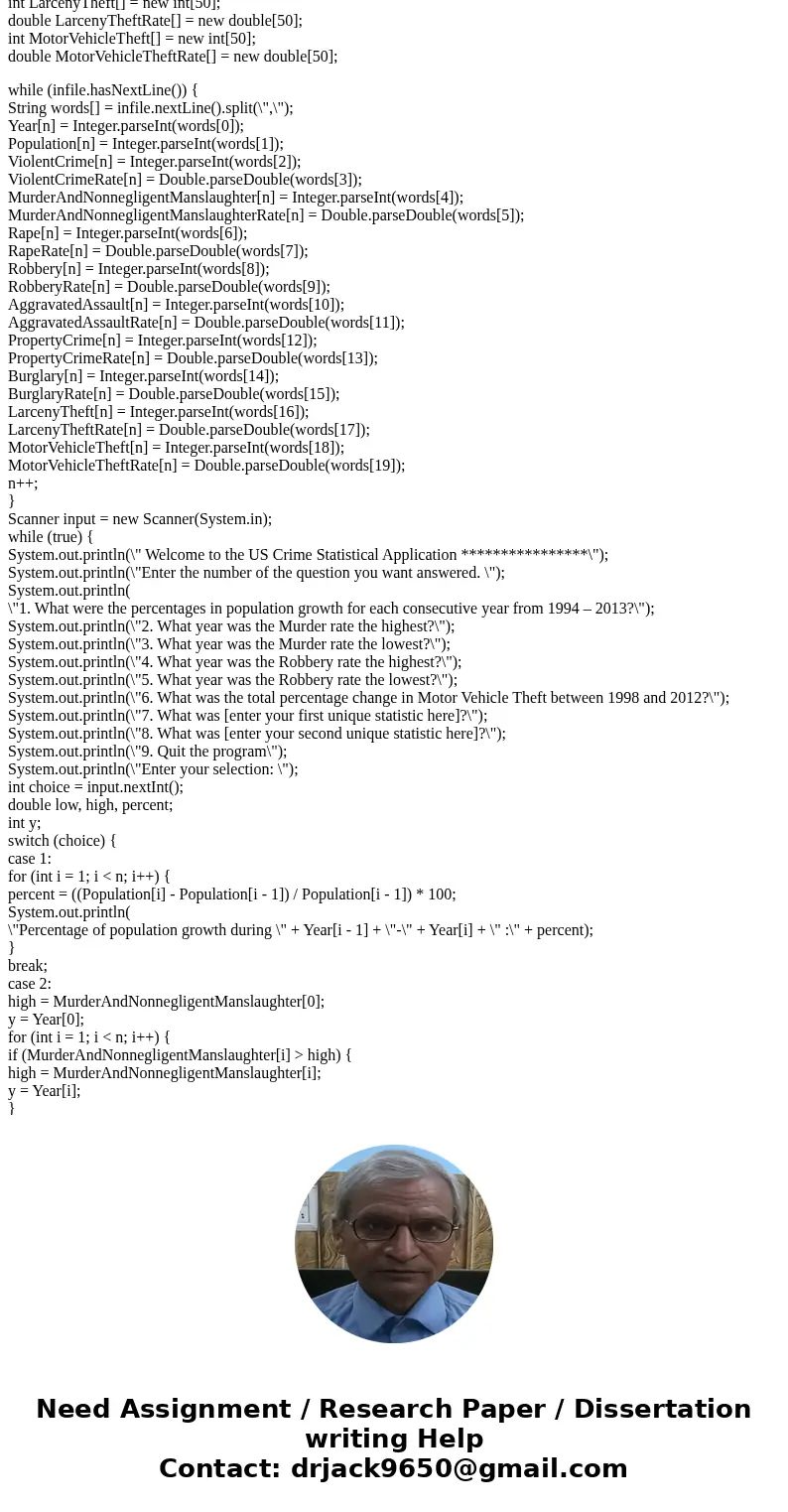 Design a Java application that will read a file containing data related to the US. Crime statistics from 1994-2013. The description of the file is shown below. 