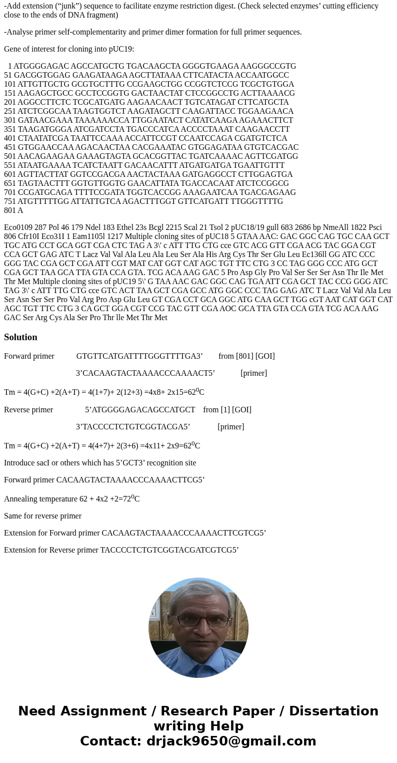 Design PCR amplification primers for directional cloning of GOI into pUC19 plasmid (map provided). Please show steps, and thinking process. For primer design yo Design PCR amplification primers for directional cloning of GOI into pUC19 plasmid (map provided). Please show steps, and thinking process. For primer design yo
