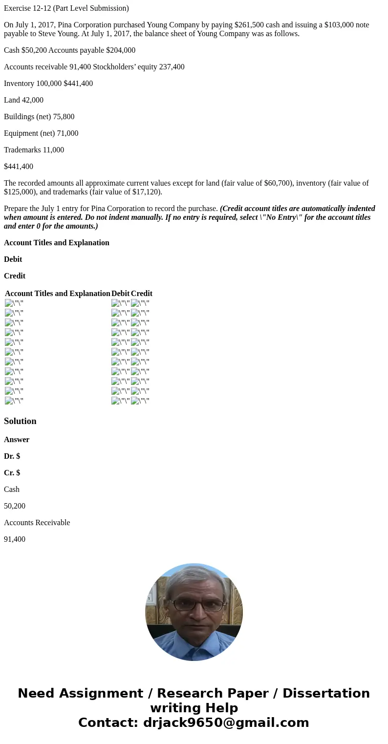 Exercise 12-12 (Part Level Submission) On July 1, 2017, Pina Corporation purchased Young Company by paying $261,500 cash and issuing a $103,000 note payable to 