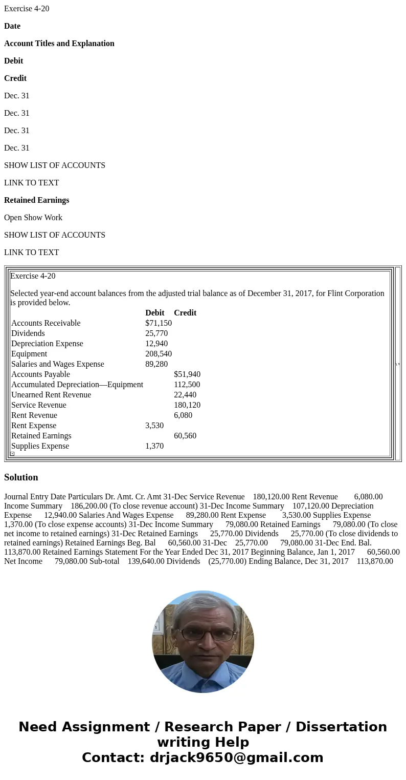 Exercise 4-20 Date Account Titles and Explanation Debit Credit Dec. 31 Dec. 31 Dec. 31 Dec. 31 SHOW LIST OF ACCOUNTS LINK TO TEXT Retained Earnings Open Show Wo