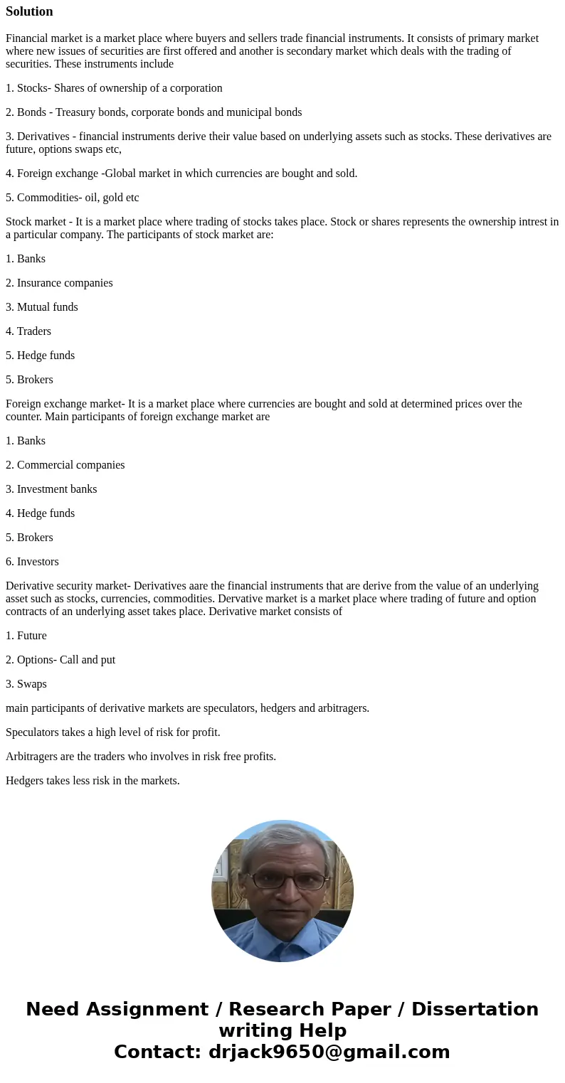 Explain and give an example of the following financial markets, make sure to include who participates in each market: Stock Market Foreign Exchange Market Deriv Explain and give an example of the following financial markets, make sure to include who participates in each market: Stock Market Foreign Exchange Market Deriv