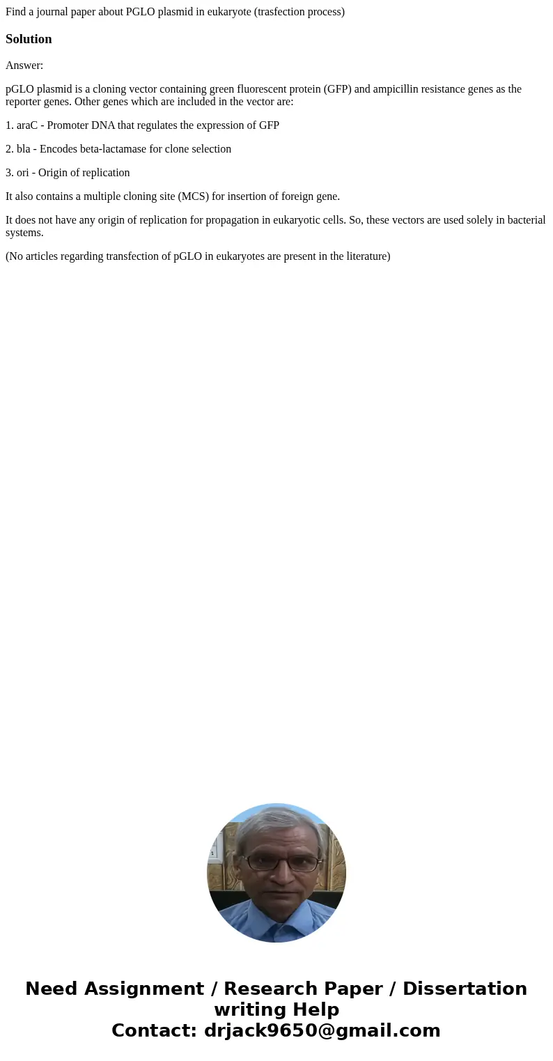 Find a journal paper about PGLO plasmid in eukaryote (trasfection process)SolutionAnswer: pGLO plasmid is a cloning vector containing green fluorescent protein  Find a journal paper about PGLO plasmid in eukaryote (trasfection process)SolutionAnswer: pGLO plasmid is a cloning vector containing green fluorescent protein
