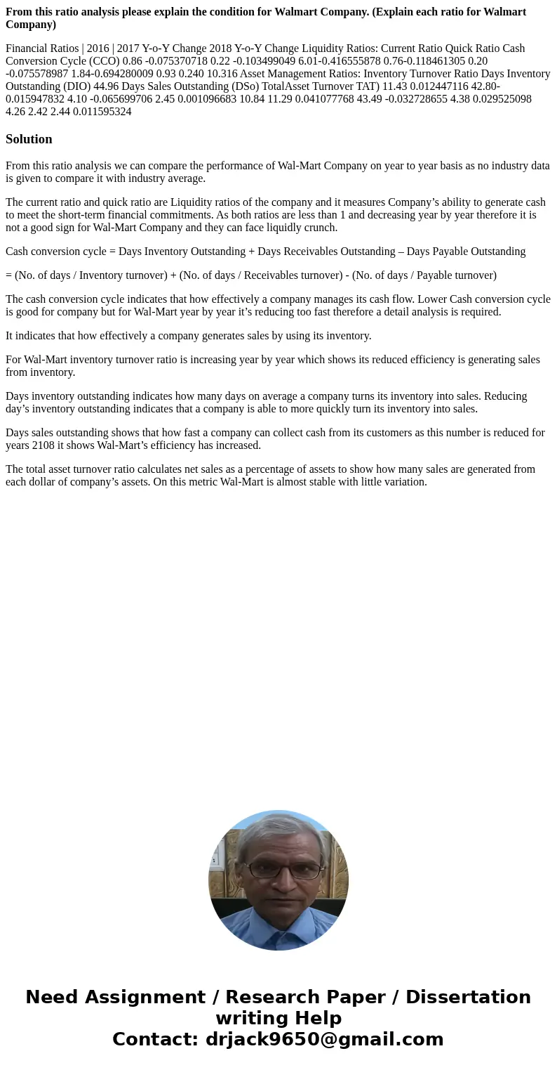 From this ratio analysis please explain the condition for Walmart Company. (Explain each ratio for Walmart Company) Financial Ratios | 2016 | 2017 Y-o-Y Change  From this ratio analysis please explain the condition for Walmart Company. (Explain each ratio for Walmart Company) Financial Ratios | 2016 | 2017 Y-o-Y Change