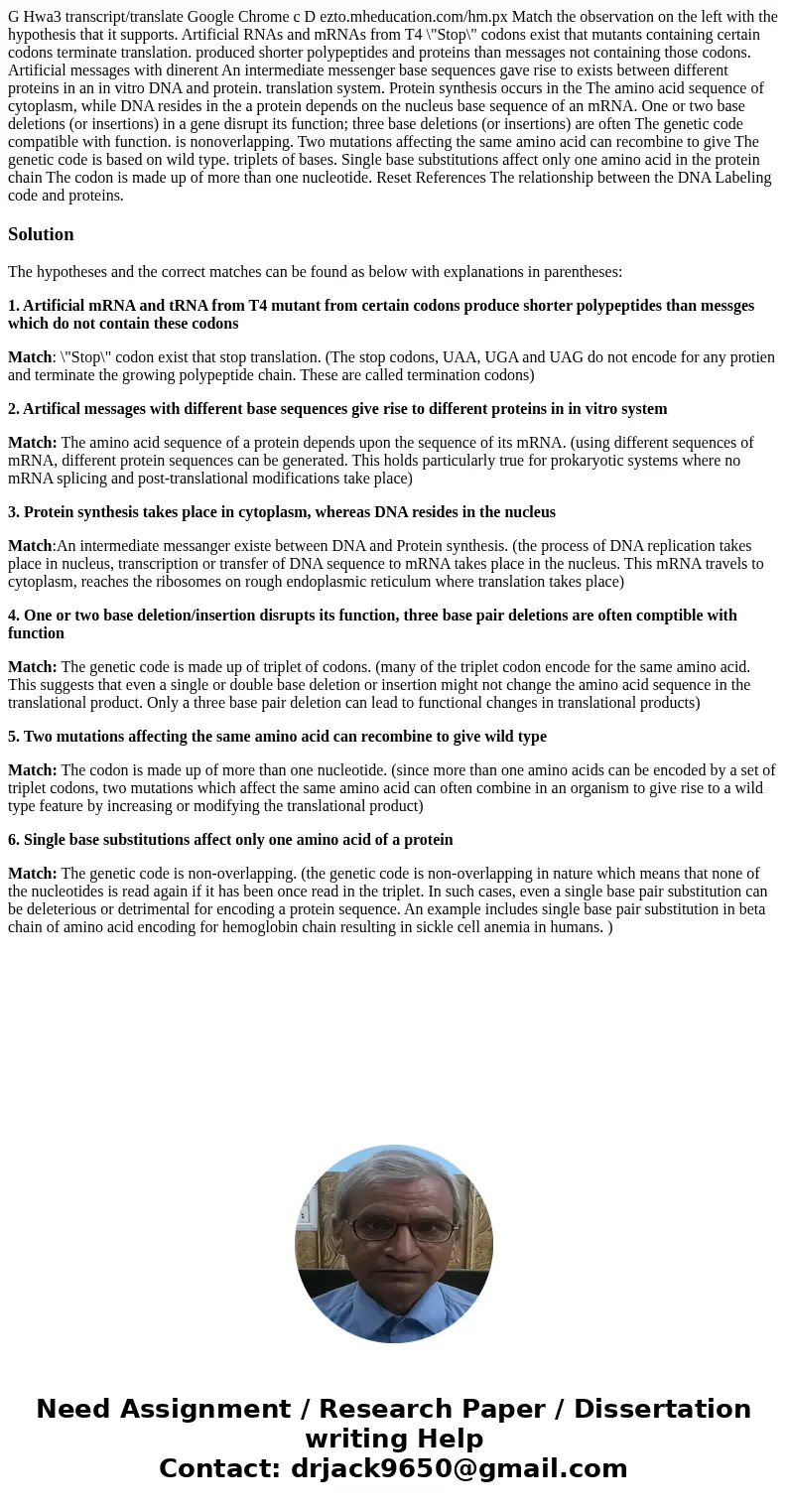 G Hwa3 transcript/translate Google Chrome c D ezto.mheducation.com/hm.px Match the observation on the left with the hypothesis that it supports. Artificial RNA  G Hwa3 transcript/translate Google Chrome c D ezto.mheducation.com/hm.px Match the observation on the left with the hypothesis that it supports. Artificial RNA
