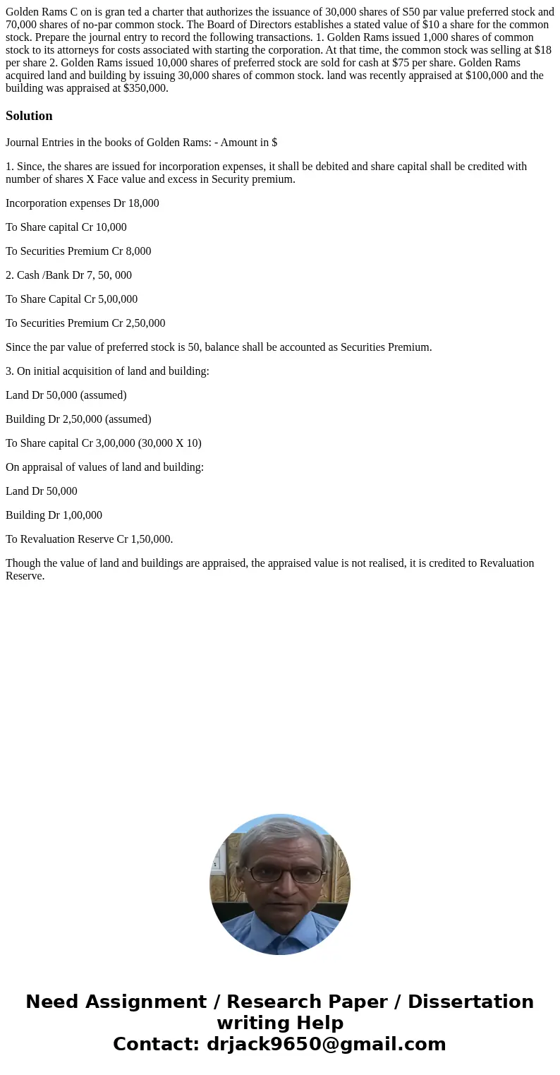 Golden Rams C on is gran ted a charter that authorizes the issuance of 30,000 shares of S50 par value preferred stock and 70,000 shares of no-par common stock.  Golden Rams C on is gran ted a charter that authorizes the issuance of 30,000 shares of S50 par value preferred stock and 70,000 shares of no-par common stock.