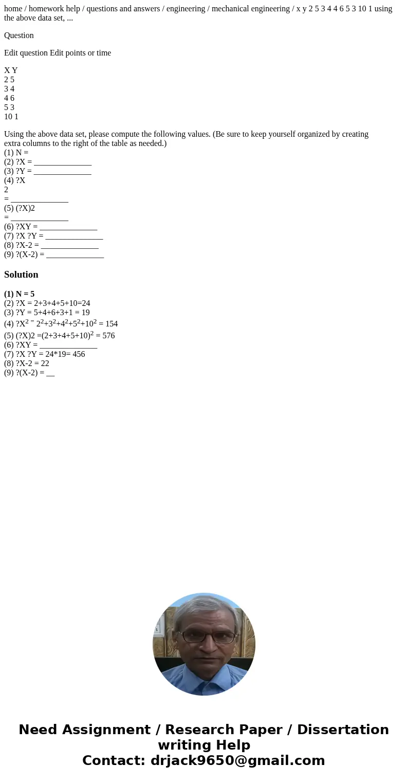 home / homework help / questions and answers / engineering / mechanical engineering / x y 2 5 3 4 4 6 5 3 10 1 using the above data set, ... Question Edit quest home / homework help / questions and answers / engineering / mechanical engineering / x y 2 5 3 4 4 6 5 3 10 1 using the above data set, ... Question Edit quest