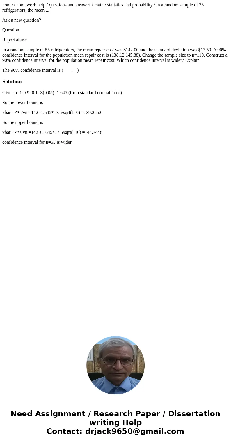 home / homework help / questions and answers / math / statistics and probability / in a random sample of 35 refrigerators, the mean ... Ask a new question? Ques home / homework help / questions and answers / math / statistics and probability / in a random sample of 35 refrigerators, the mean ... Ask a new question? Ques