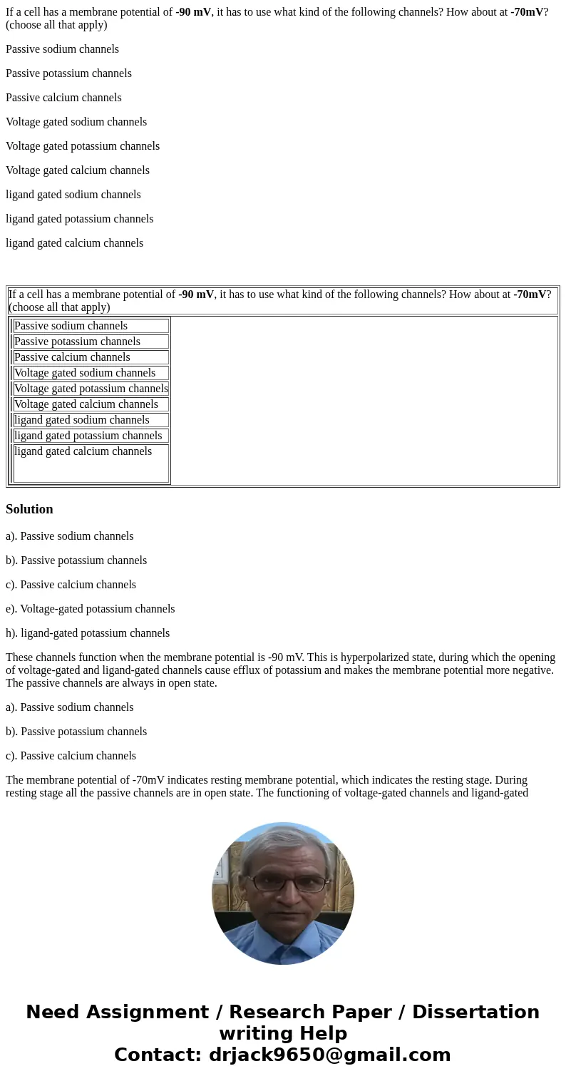 If a cell has a membrane potential of -90 mV, it has to use what kind of the following channels? How about at -70mV? (choose all that apply) Passive sodium chan If a cell has a membrane potential of -90 mV, it has to use what kind of the following channels? How about at -70mV? (choose all that apply) Passive sodium chan