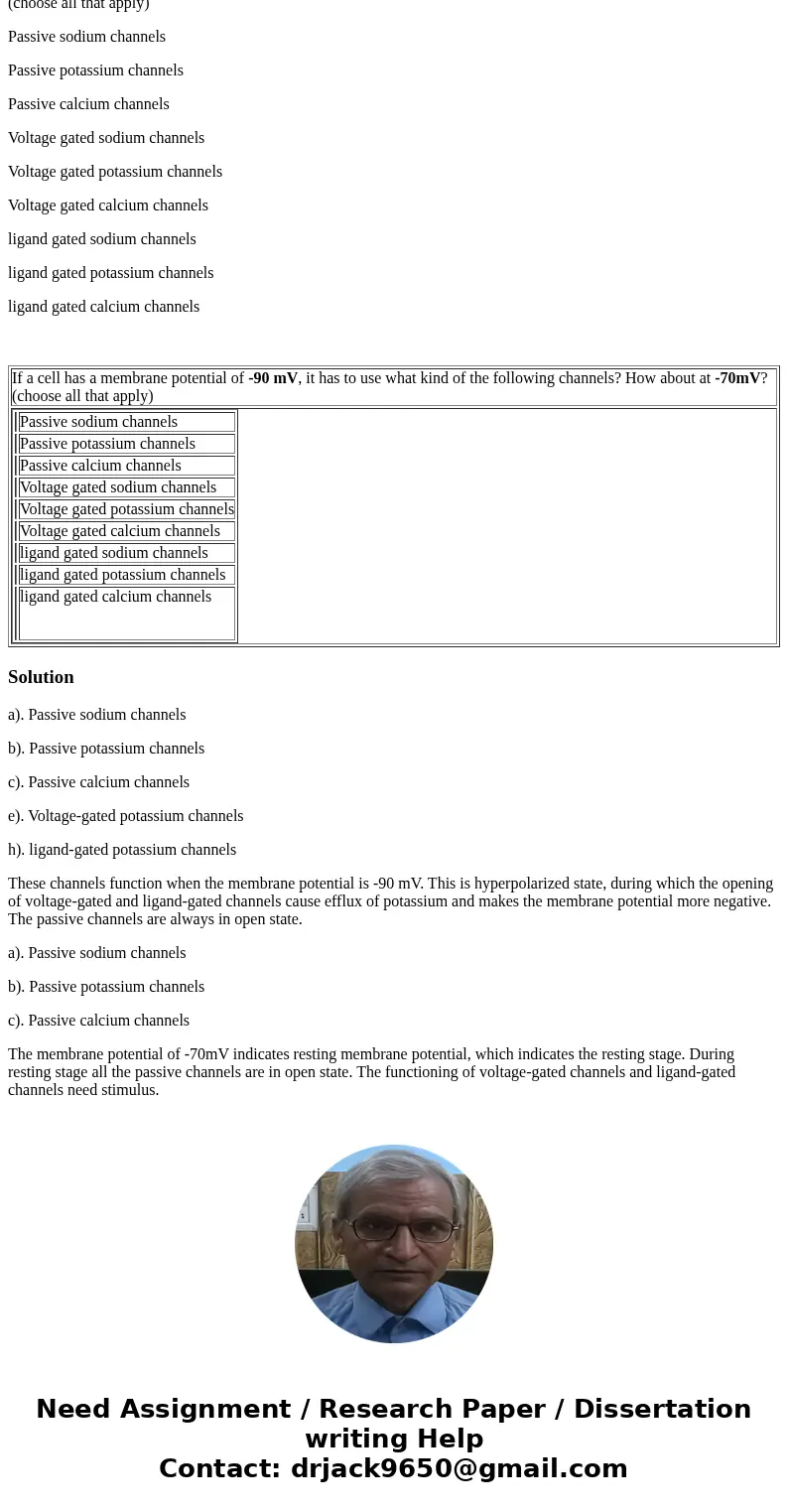 If a cell has a membrane potential of -90 mV, it has to use what kind of the following channels? How about at -70mV? (choose all that apply) Passive sodium chan If a cell has a membrane potential of -90 mV, it has to use what kind of the following channels? How about at -70mV? (choose all that apply) Passive sodium chan