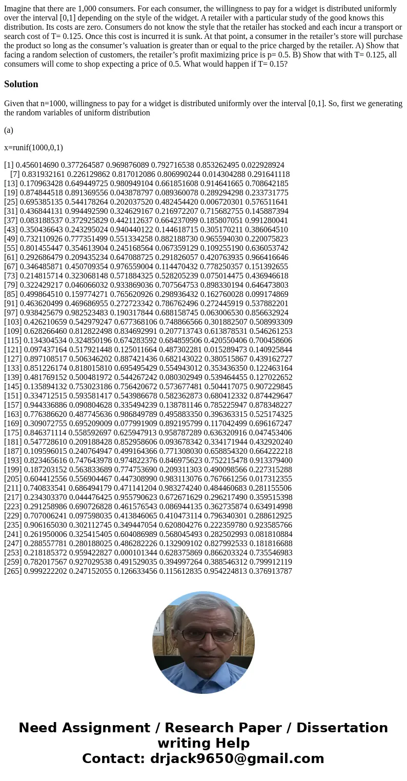 Imagine that there are 1,000 consumers. For each consumer, the willingness to pay for a widget is distributed uniformly over the interval [0,1] depending on the